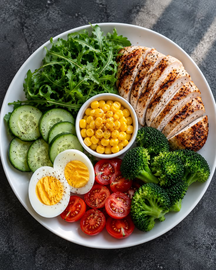 Overhead view of a balanced dinner plate with grains, vegetables and a protein portion